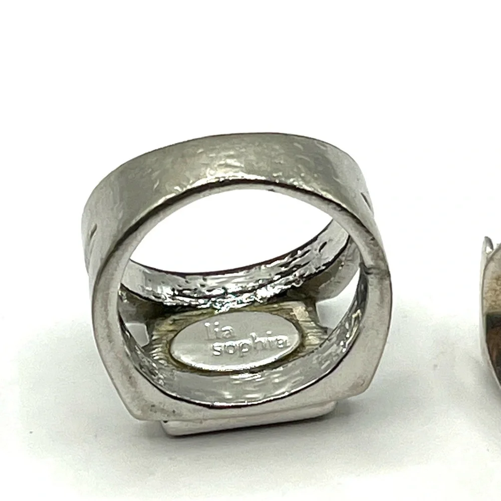 Three Silver Tone Rings with White/Opalescent Stones - Stackable Set